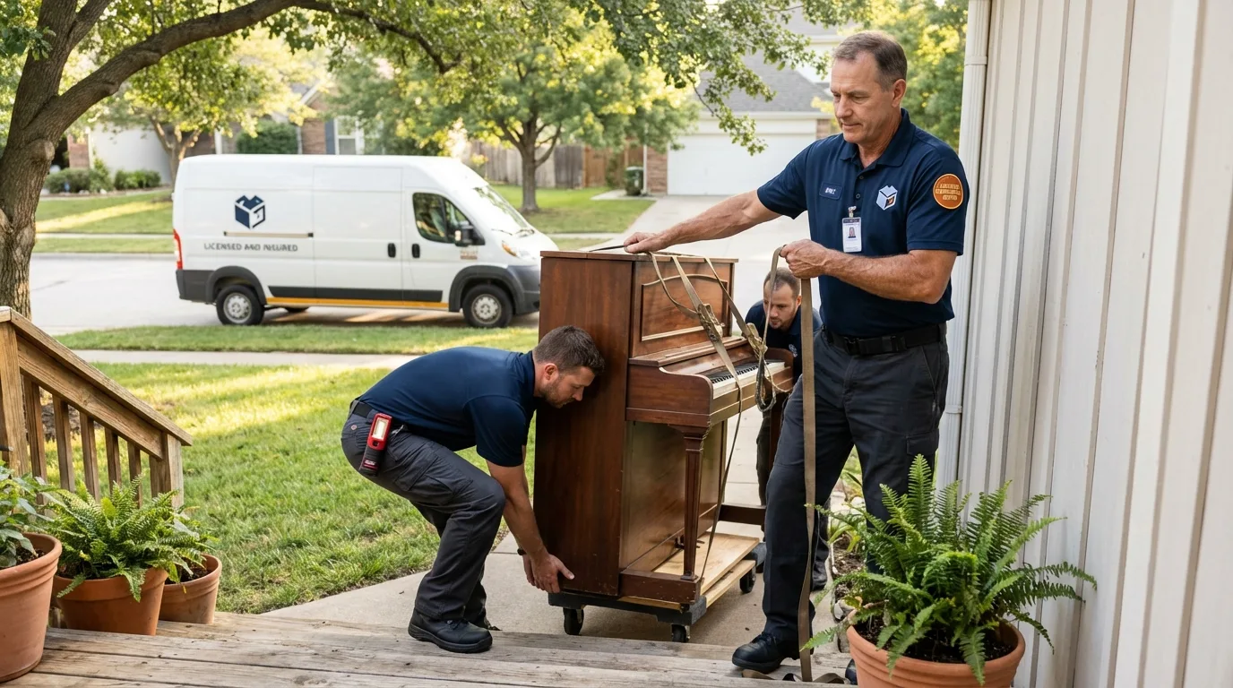 Licensed piano movers securing grand piano in Dyer, TN
