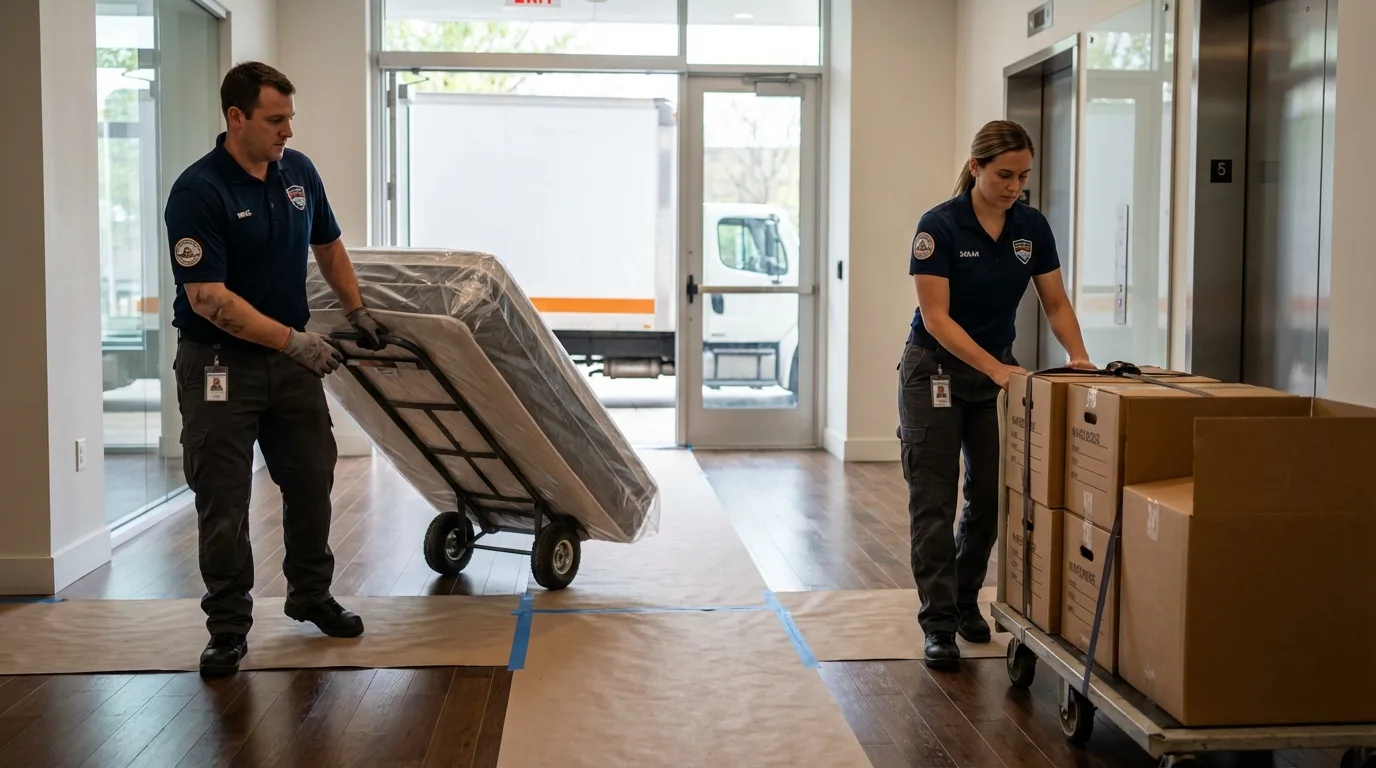 Professional apartment movers loading elevator in Dyer, TN